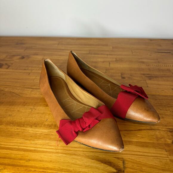 Isabel Marant Tan Leather Red Ribbon Tie Pointed Toe Flats Size 41 - Picture 1 of 6
